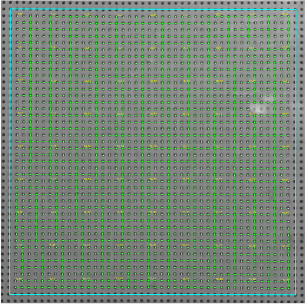 Detected dot grid with connected neighbours and integer lattice indices