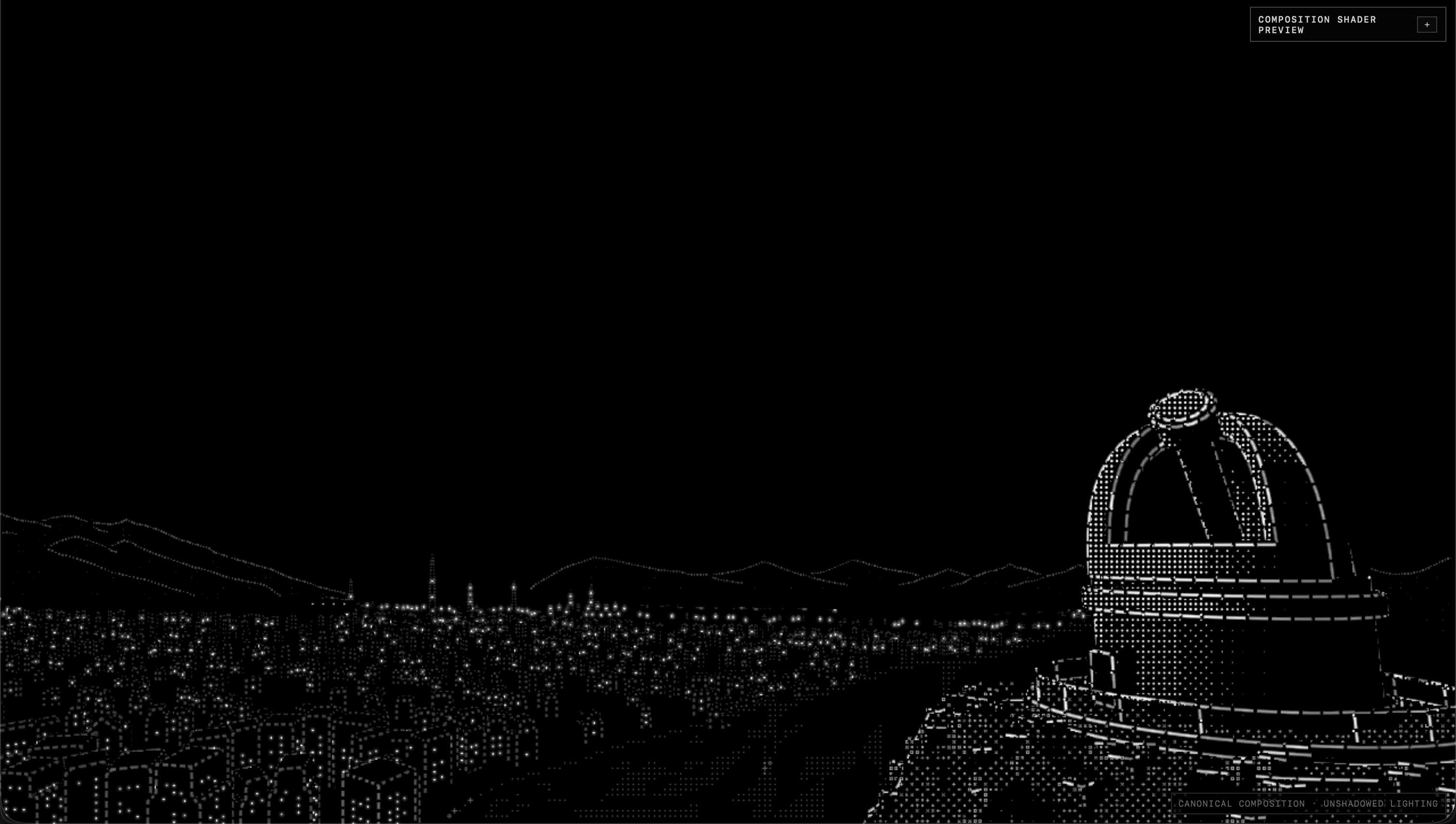 Monochrome dot-and-micro-glyph Observatory above a distant city at night.