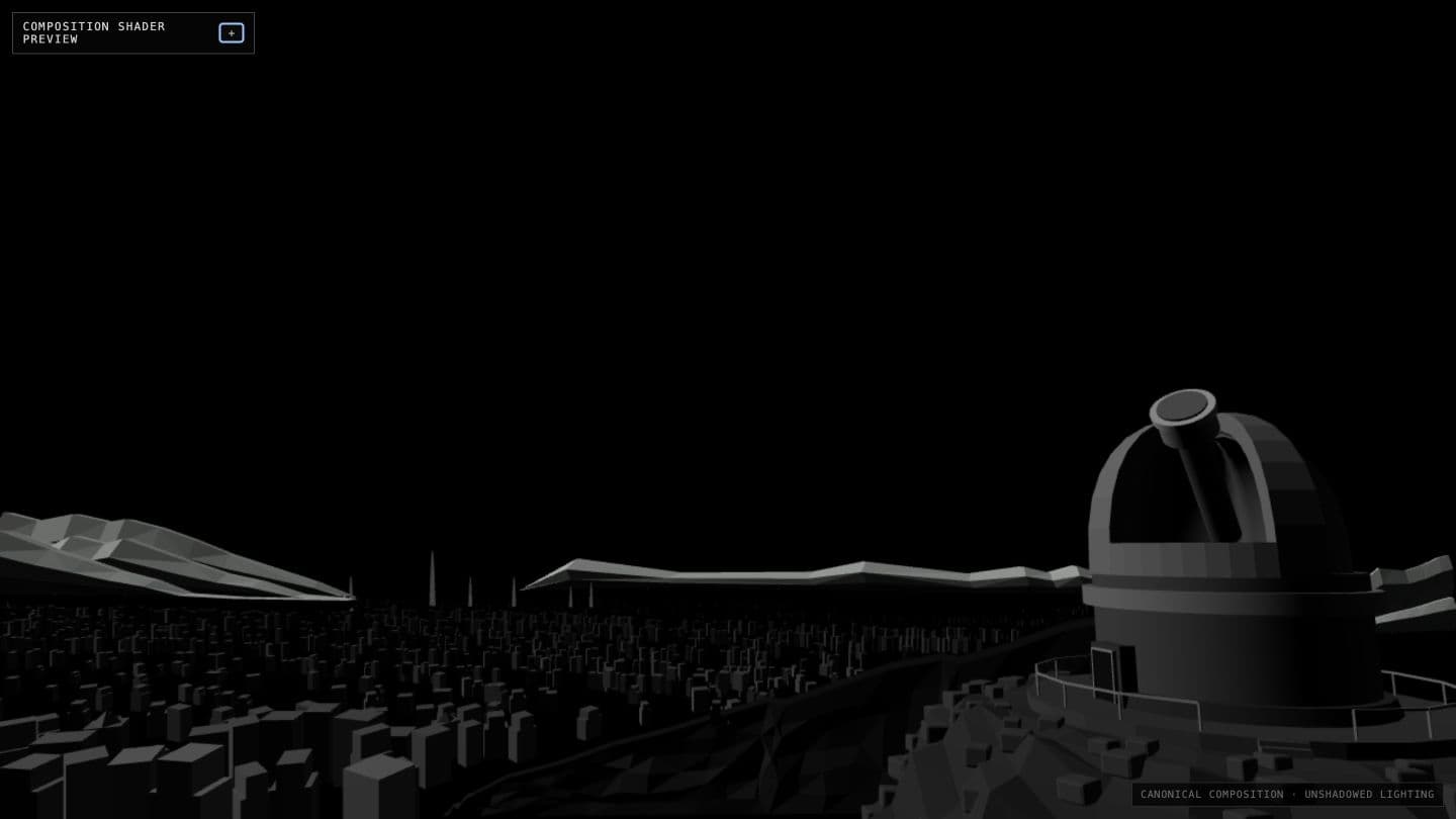 Unshaded Observatory scene geometry in the shader laboratory