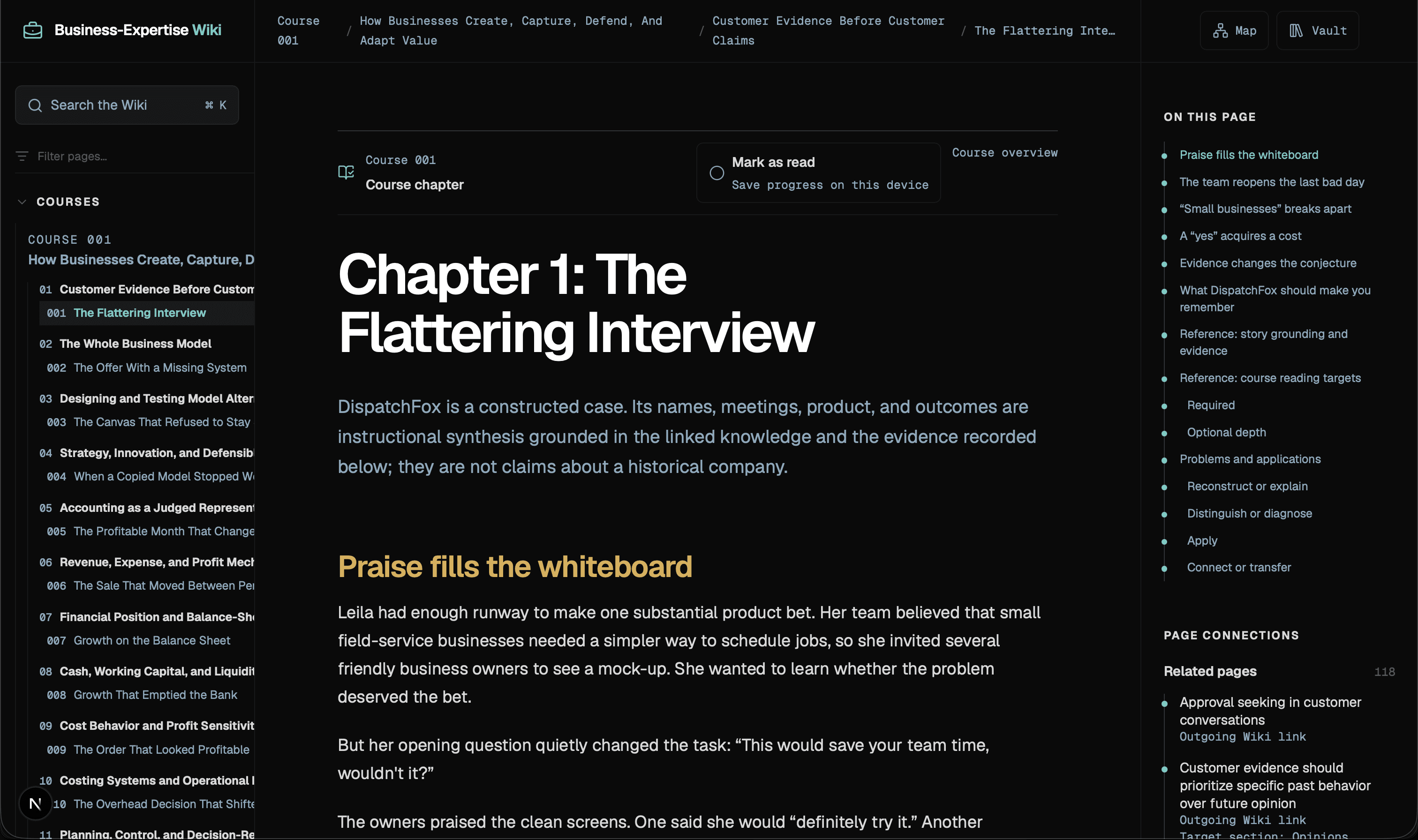 WikiFold Reader showing a generated business course chapter with course navigation, reading progress, page outline, and related knowledge